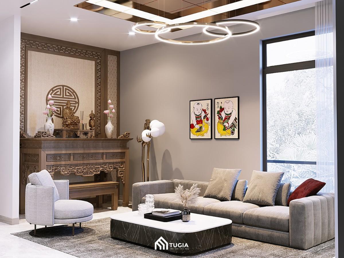 nội thất phòng khách nhà cấp 4 có bàn thờ