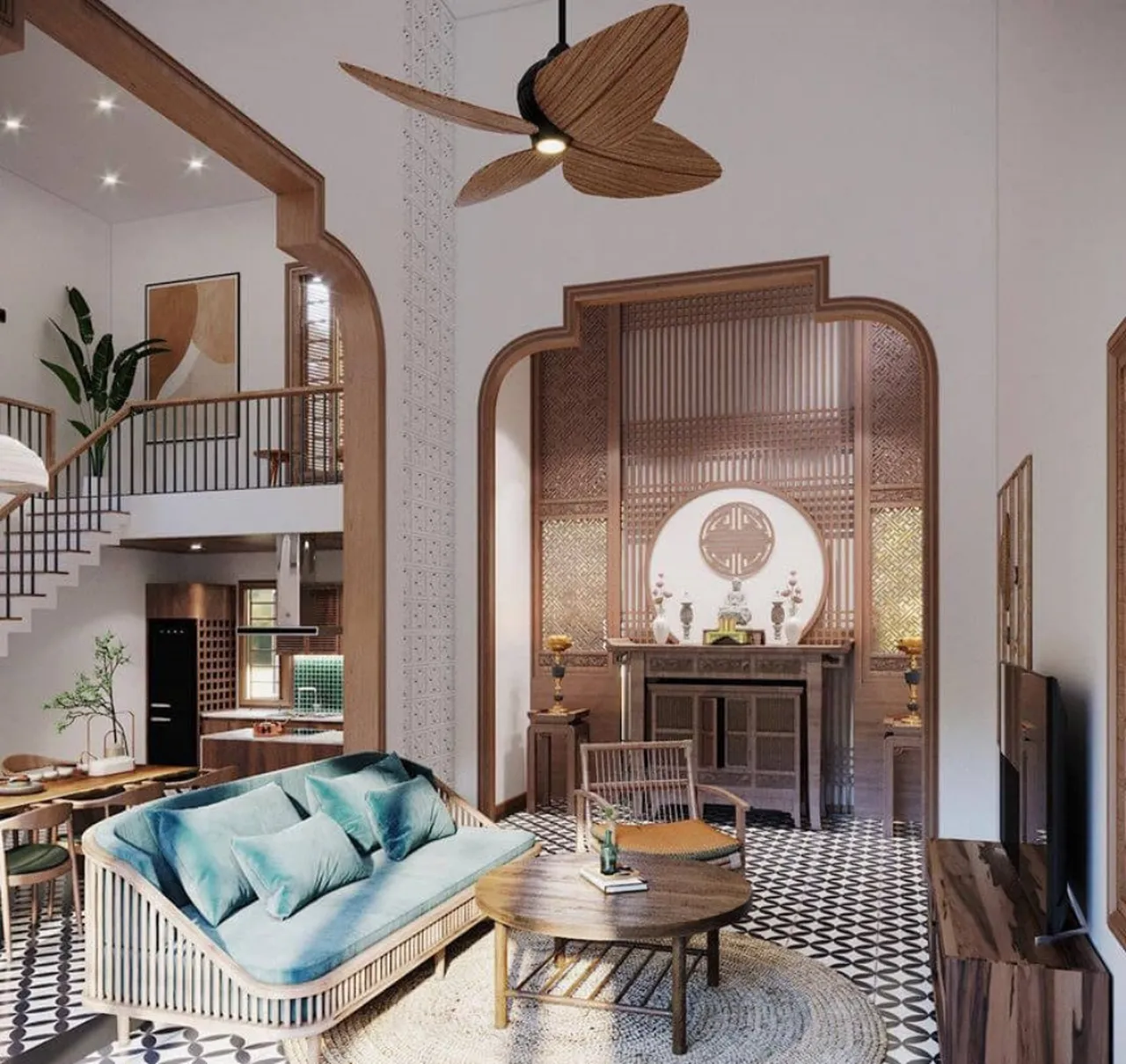 trang trí phòng khách nhà cấp 4 có bàn thờ