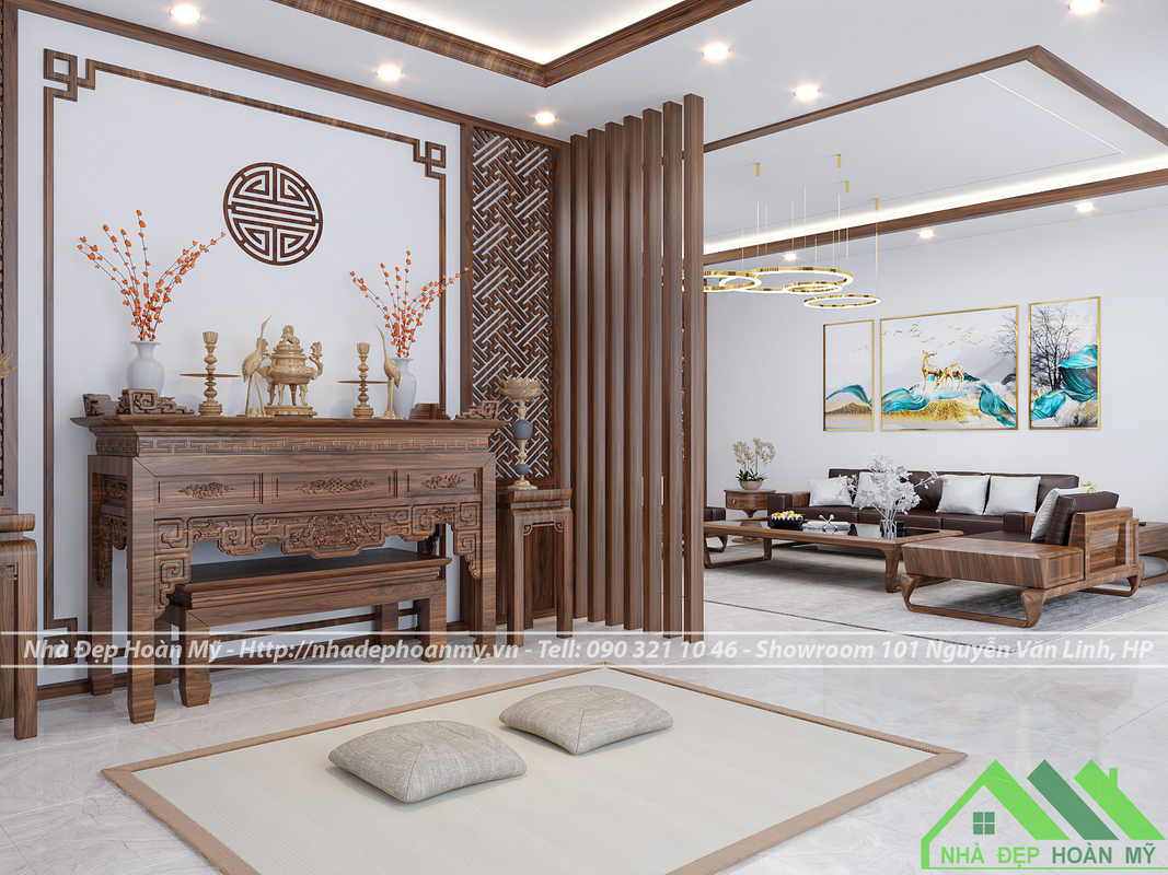 99+ Mẫu phòng khách kết hợp phòng thờ đẹp chuẩn 2026 1 Mẫu phòng khách kết hợp phòng thờ đẹp hiện đại