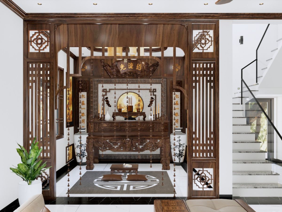 99+ Mẫu phòng khách kết hợp phòng thờ đẹp chuẩn 2026 6 Vách ngăn phòng khách và phòng thờ đẹp