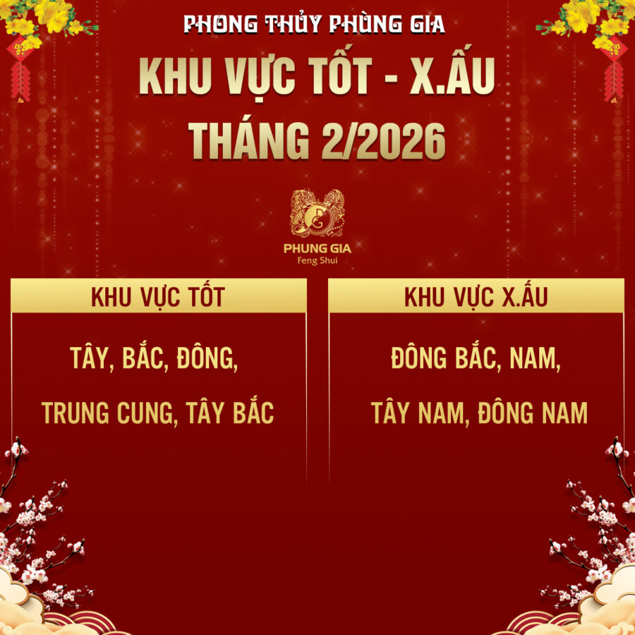Khu vực tốt, xấu theo phong thủy tháng 2 2026