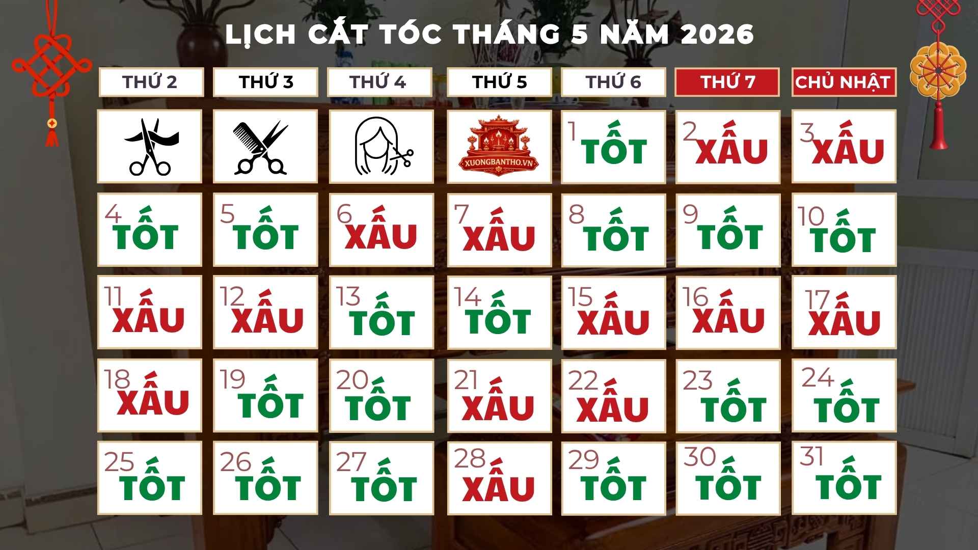 Lịch cắt tóc tháng 5 năm 2026